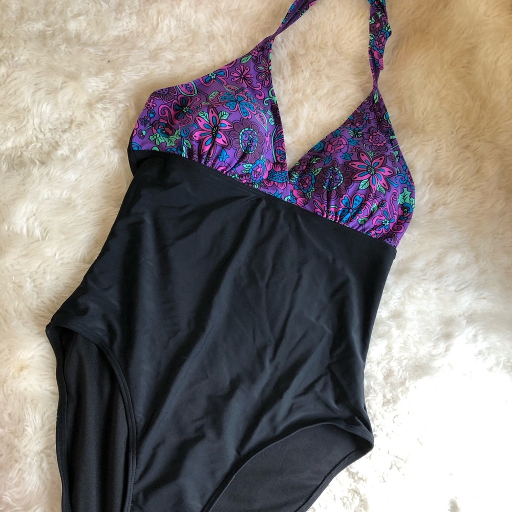 TRUNKETTES Purple Floral and Black Halter Swimsuit